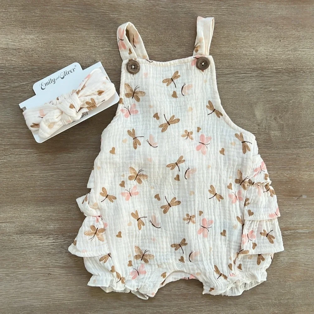 Emily and Oliver Butterfly Ruffle Bubble Romper Headband 12 18 months